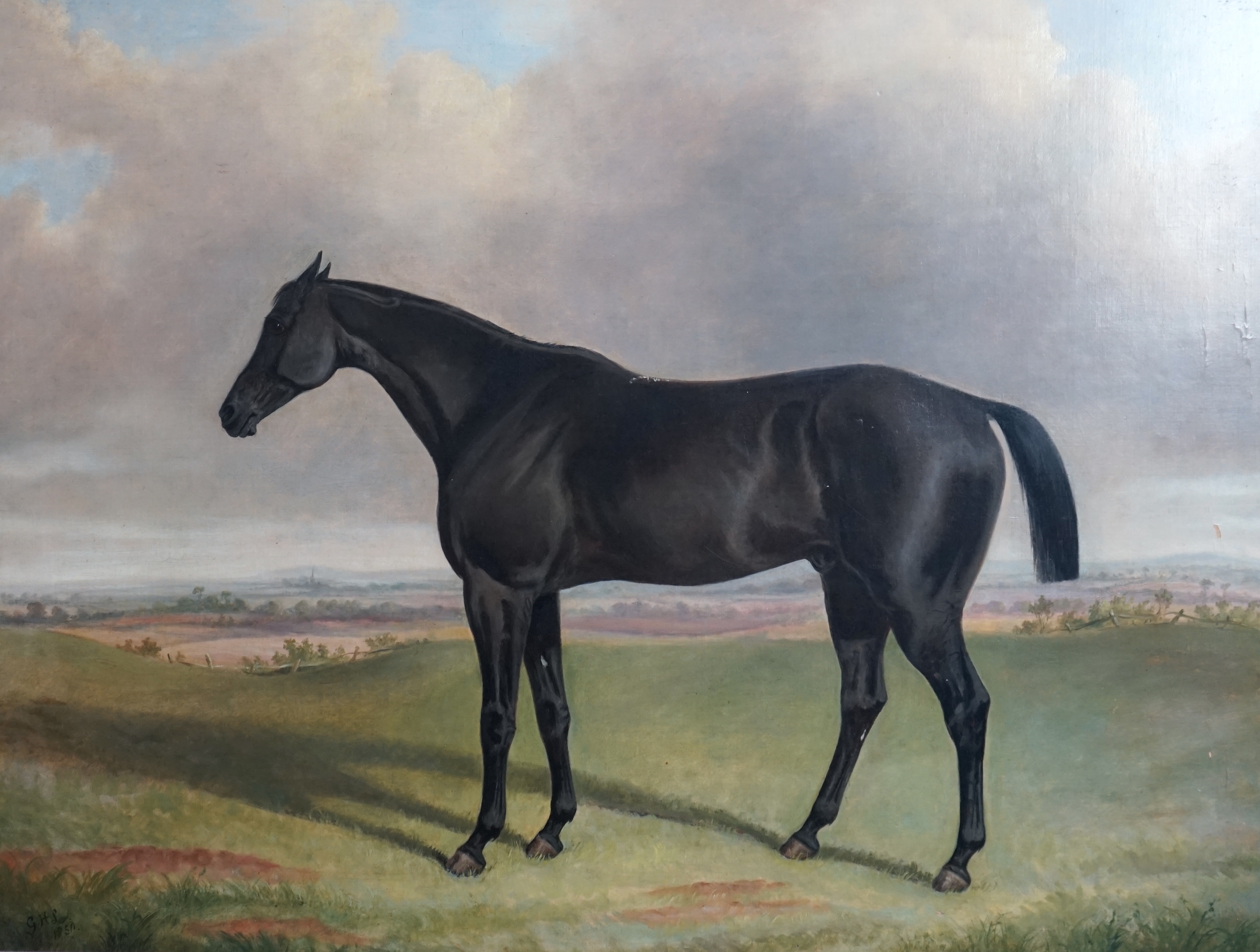 George Henry Laporte (English, 1799-1873), 'The Sweep', portrait of a black horse in a landscape, oil on canvas, 70 x 91cm